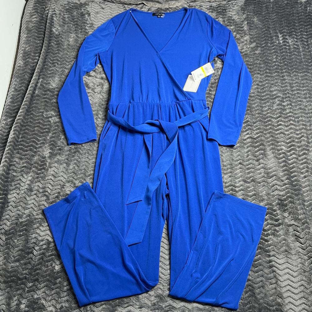 1.State Women Blue Solid Wrap Front Soft Twill Jumpsuit Size Medium NWT